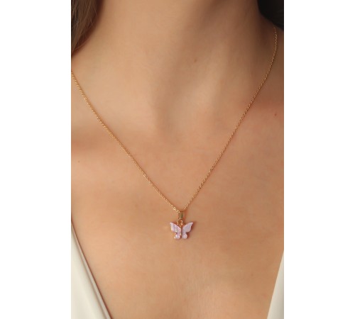 Gold Lila Renk Kelebek Figür Kadın Kolye - TJ-BKO6814