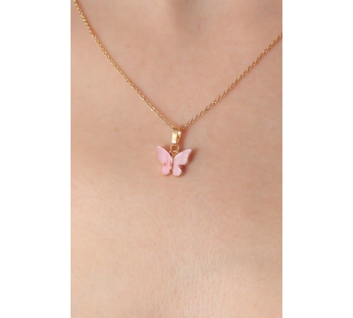 Gold Pembe Renk Kelebek Figür Kadın Kolye - TJ-BKO6817