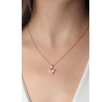 Gold Pembe Renk Kelebek Figür Kadın Kolye - TJ-BKO6817