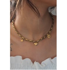 Çelik Gold Renk Kalın Zincir Model Kalp Figür Kadın Kolye - TJ-BKO6898