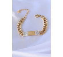 316L Çelik Gold Renk Zincir Model İşleme Detay Zirkon Taşlı Kadın Bileklik - TJ-BB5083