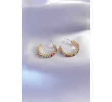 Gold Renk Yarım Halka Model Renkli Kristal Taşlı Kadın Küpe - TJ-BKP7268