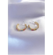Gold Renk Yarım Halka Model Renkli Kristal Taşlı Kadın Küpe - TJ-BKP7268