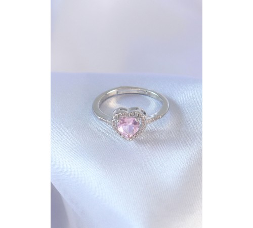 Gümüş Renk Pembe Zirkon Taşlı Kalp Charm Model Pirinç Kadın Yüzük - TJ-BYK2617
