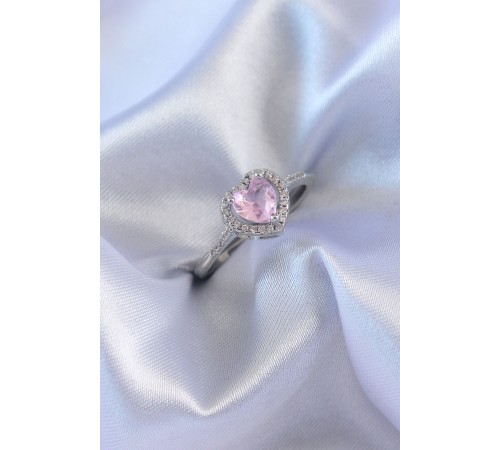 Gümüş Renk Pembe Zirkon Taşlı Kalp Charm Model Pirinç Kadın Yüzük - TJ-BYK2617