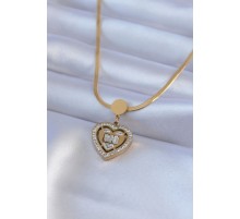 316L Çelik Gold Renk İtalyan Zincir Model Zirkon Taşlı Kalp Model Kadın Kolye - TJ-BKO7584