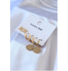 316L Çelik Gold Renk Zirkon Taş Detay Çiçek İşleme Kadın Küpe Seti - TJ-BKP7709