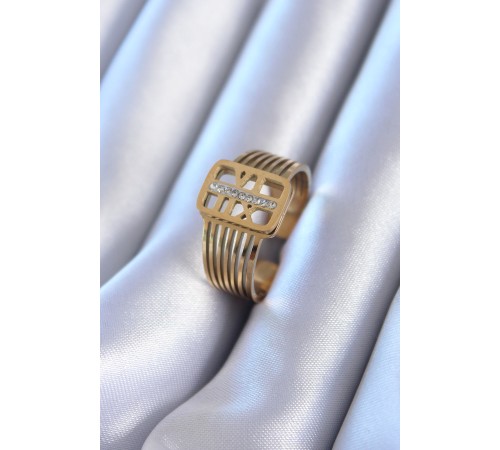 316L Çelik Gold Renk Zirkon taşlı Kaburga Model Kadın Yüzük - TJ-BYK2760
