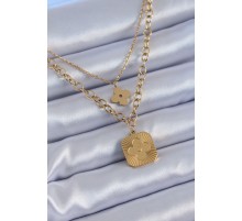 316L Çelik Gold Renk 2'li Zincir Yonca Model Kadın Kolye - TJ-BKO7602