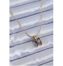 316L Çelik Gold Renk Mor Kristal Taşlı Kelebek Model Kadın Kolye - TJ-BKO7641