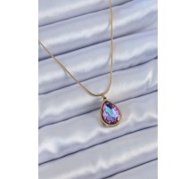 316L Çelik Gold Renk Damla Kristal Taş Model Kadın Kolye - TJ-BKO7643