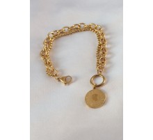 316L Çelik Gold Renk 2'li Zincir Model Çeyrek Altınlı Kadın Bileklik - TJ-BB5452
