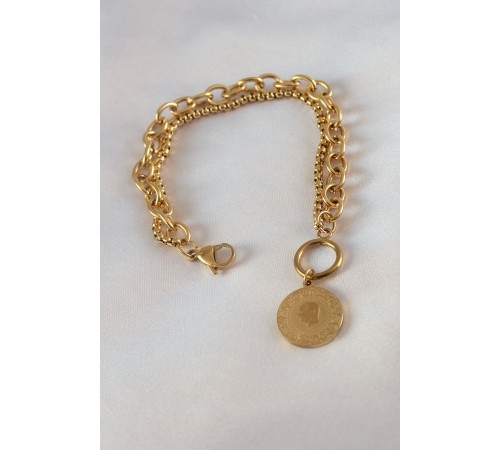 316L Çelik Gold Renk 2'li Zincir Model Çeyrek Altınlı Kadın Bileklik - TJ-BB5452