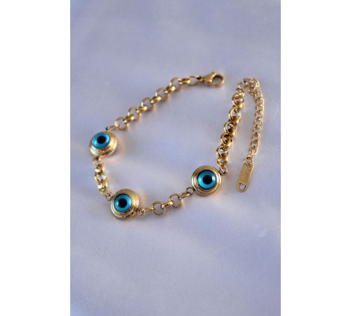 316L Çelik 3 Göz Nazar Model Gold Renk Kadın Bileklik - TJ-BB5485