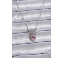 316L Çelik Gümüş Renk Zincir Pembe Kristal Kalp Zirkon Taşlı Kurdele Model Kadın Kolye - TJ-BKO7746