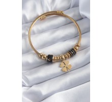 316L Çelik Gold Renk Charm Model Yonca Figür Zirkon Taş Detay Kadın Bileklik - TJ-BB5677