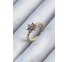 Pirinç Gold Renk Mor Zirkon Taşlı Lotus Model Kadın Yüzük - TJ-BYK2906