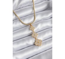 316L Çelik Gold Renk İtalyan Zincir Zirkon Taşlı Yonca Model Kadın Kolye - TJ-BKO8153