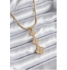 316L Çelik Gold Renk İtalyan Zincir Zirkon Taşlı Yonca Model Kadın Kolye - TJ-BKO8153