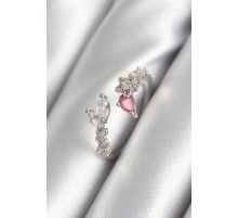 Pirinç Gümüş Renk Pembe Zirkon Taş Detay Yıldız Detay Kadın Yüzük - TJ-BYK3046