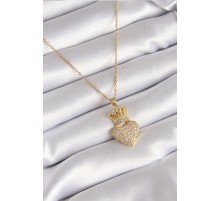 316L Çelik Gold Renk Zirkon Taşlı Taçlı Kalp Model Kadın Kolye - TJ-BKO8335