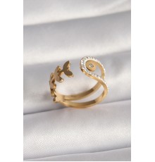 316L Çelik Gold Renk Zirkon Taşlı Yaprak Model Kadın Yüzük - TJ-BYK3092