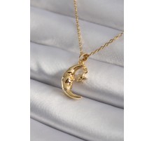 316L Çelik Gold Renk Zirkon Taşlı Ay Yıldız Model Kadın Kolye - TJ-BKO8346
