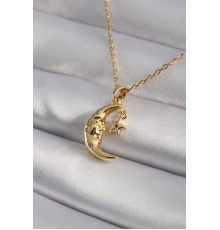 316L Çelik Gold Renk Zirkon Taşlı Ay Yıldız Model Kadın Kolye - TJ-BKO8346