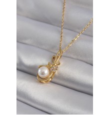 316L Çelik Gold Renk Zirkon Taş Detay İncili Kadın Kolye - TJ-BKO8354