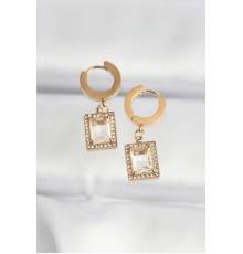 316L Çelik Gold Renk Taşlı Dikdörtgen Model Küpe - TJ-BKP8807