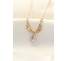 316L Zinciri Çelik Zirkon Taşlı Gold Renk Kanatlı Damla Kolye - TJ-BKO8487
