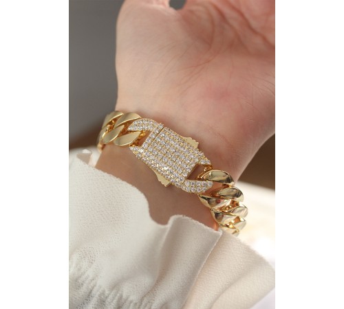 Vip Seri Pirinç Ortası Zirkon Taşlı Gold Renk Gurmet Bileklik - TJ-BB6048 Vip Seri Pirinç Ortası Zirkon Taşlı Gold Renk Gurmet Bileklik - TJ-BB6048