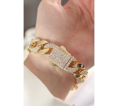Vip Seri Pirinç Zirkon Taşlı Gold Renk Gurmet Bileklik - TJ-BB6049 Vip Seri Pirinç Zirkon Taşlı Gold Renk Gurmet Bileklik - TJ-BB6049