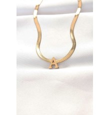 316L Çelik A Harfli Gold Renk İtalyan Zincirli Kolye - TJ-BKO8559