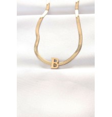 316L Çelik B Harfli Gold Renk İtalyan Zincirli Kolye - TJ-BKO8557