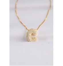 316L Çelik Zincirli Zirkon Taşlı C Harfli Gold Renk Bubble Kolye - TJ-BKO8564