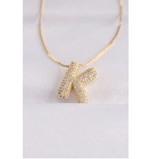 316L Çelik Zincirli Zirkon Taşlı K Harfli Gold Renk Bubble Kolye - TJ-BKO8569