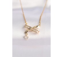 316L Çelik Zincir Altın Renk Zirkon Taşlı Kalp Detay Fiyonk Kolye - TJ-BKO8622