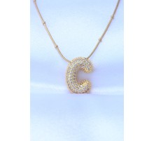316L Çelik Zincirli Zirkon Taşlı C Harfli Gold Renk Bubble Kolye - TJ-BKO8700