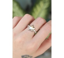 Pirinç Gümüş Renk Ayarlanabilir Zirkon Taşlı Yıldız Yüzük - TJ-BYK3191