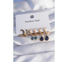 316L Çelik Gold Renk Oval Tasarım Mavi Zirkon Taşlı Damla Model Küpe Seti - TJ-BKP9028