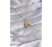 316L Çelik Zincir Gold Renk Peri Figürlü Zirkon Taşlı Ay Tasarımlı Kolye - TJ-BKO8766