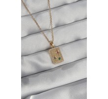 316L Çelik Zincir Gold Renk Renkli Zirkon Taşlı Vintage Kolye - TJ-BKO8909