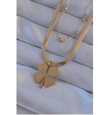 316L Çelik Gold Renk Çift Zincir Yonca Model Kolye - TJ-BKO8950