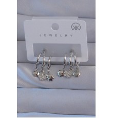 Pirinç Gümüş Renk Zirkon Taşlı Çiçek Model Yıldızlı Çoklu Görünüm Yarım Halka Küpe - TJ-BKP9145