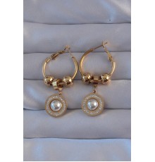 316L Çelik Gold Renk Zirkon ve İnci Taşlı Cartier Model Halka Küpe - TJ-BKP9149