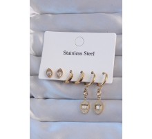 316L Çelik Gold Renk Zirkon Taşlı Yaprak Model Halka Küpe Seti - TJ-BKP9153