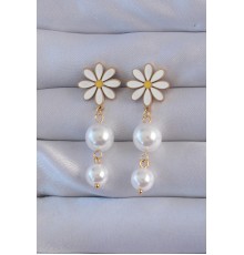 316L Çelik Gold Renk İnci Taşlı Papatya Model Sallantılı Küpe - TJ-BKP9158