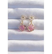 Pirinç Gold Renk Zirkon Taşlı Pembe Küre Tasarımlı Küpe - TJ-BKP9193
