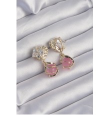 Pirinç Gold Renk Zirkon Taşlı Pembe Küre Tasarımlı Küpe - TJ-BKP9195